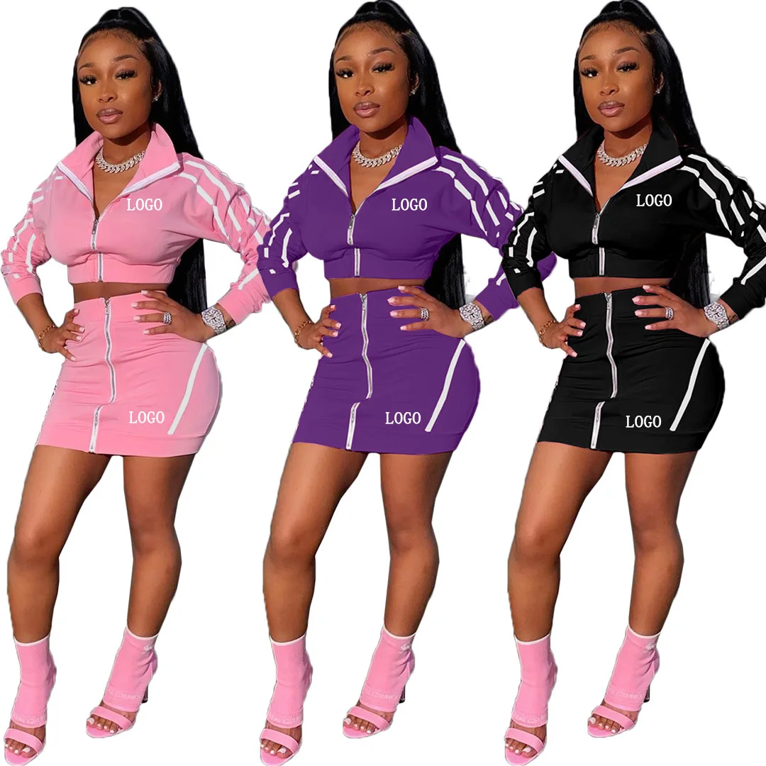 

Fashion Zipper Skirt And Custom-made Long Sleeve Skirt Set Three Colors Two Piece Skirt Set Women, Shown