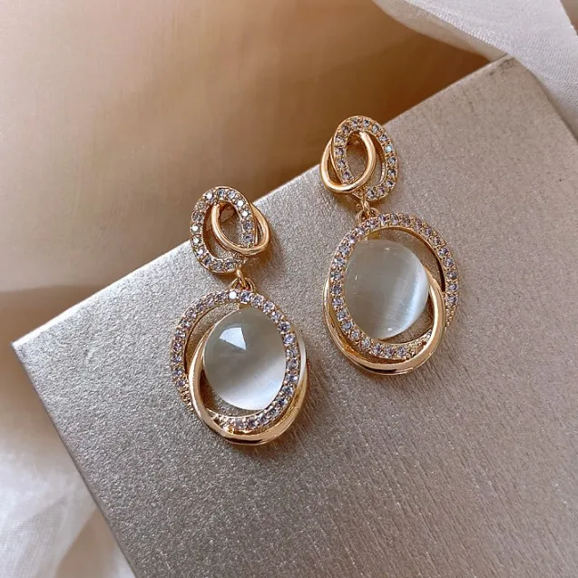 

Newest Temperament S925 Post Crystal Cross Circle Opal Earring Gold Plated Rhinestone Round Opal Earring