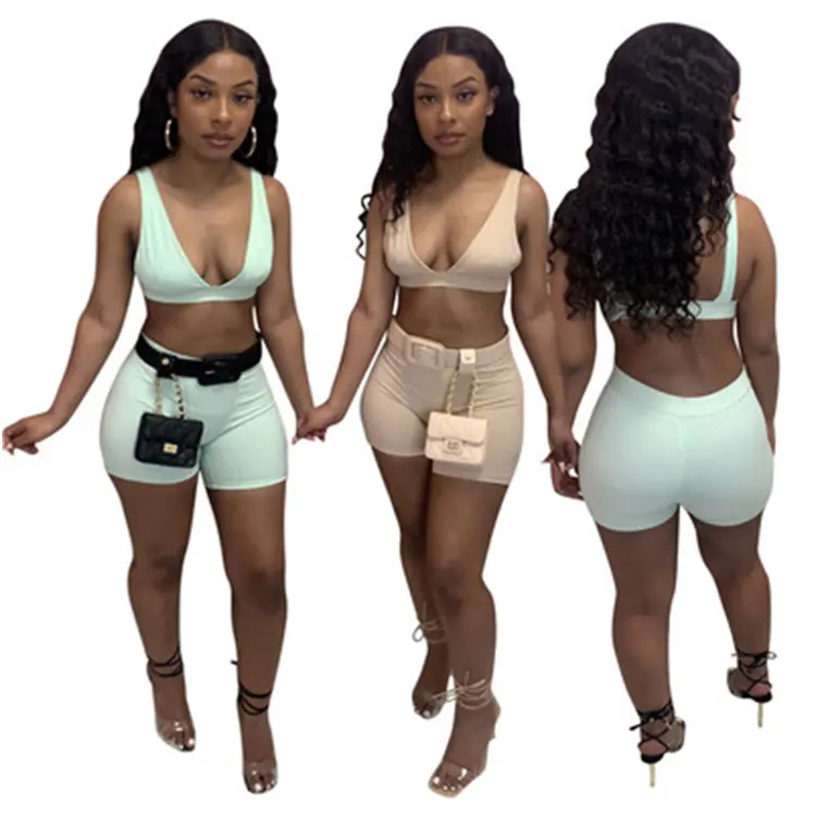 

Custom summer sling crop top and gym workout shorts women tracksuit 2 piece short set