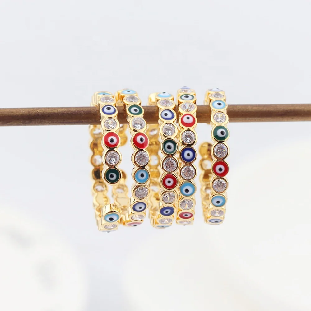 

Wholesale mixed brass real gold plated evil eye enamel printed micro inlay zircon fashion charm rings for women jewelry