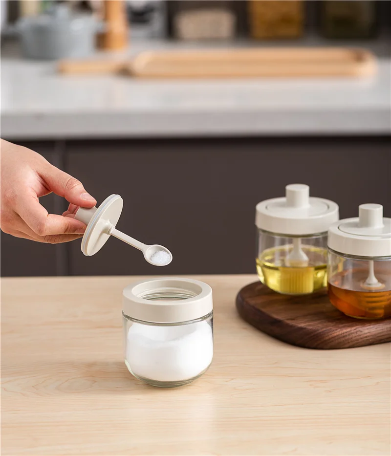 

300ML Pepper Cruet Oil Bottle Spoon Cover Glass Honey Seasoning Bottle Set Kitchen Condiment Jar