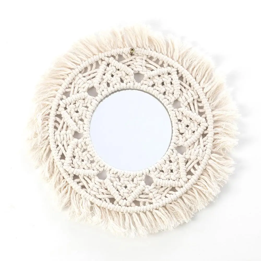 

Beautiful Round Hand-Woven Wall Hanging Mirror with Macrame Fringe Boho Chic Home Decor Antique Mirror