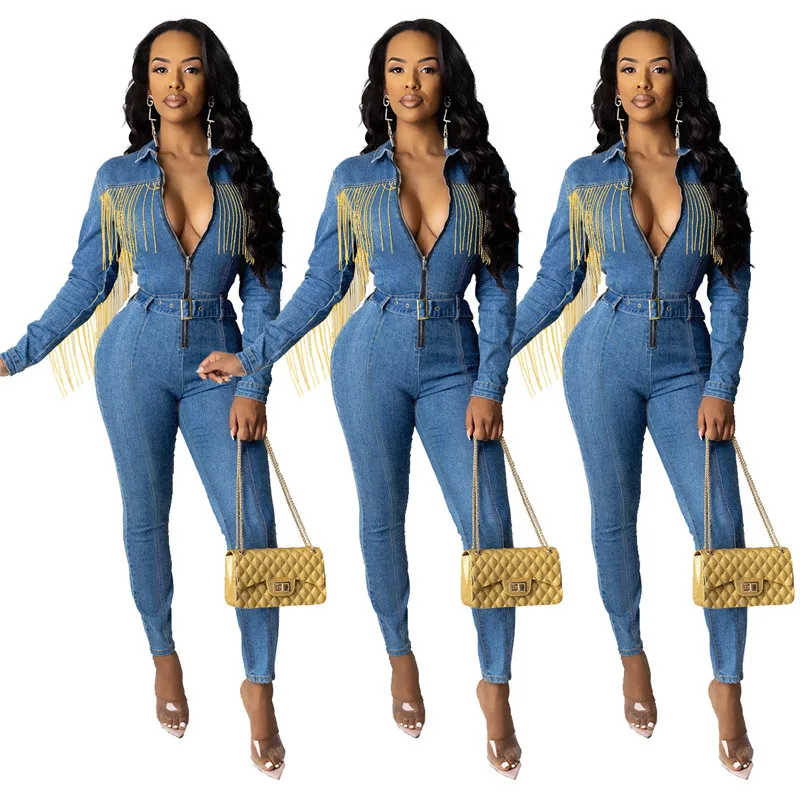 

2019 fashion design hot popular hipster romper tassels casual jeans jumpsuit for women clothing FM-NK060, As pictures