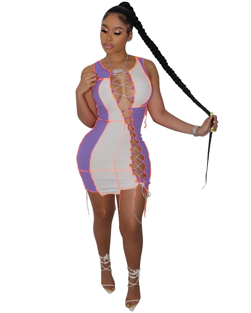 

Sexy Patchwork Bandage Dress Summer Clothes for Women Hollow Out Dresses Birthday Outfit Bodycon Night Club Mini Dress, Customized color