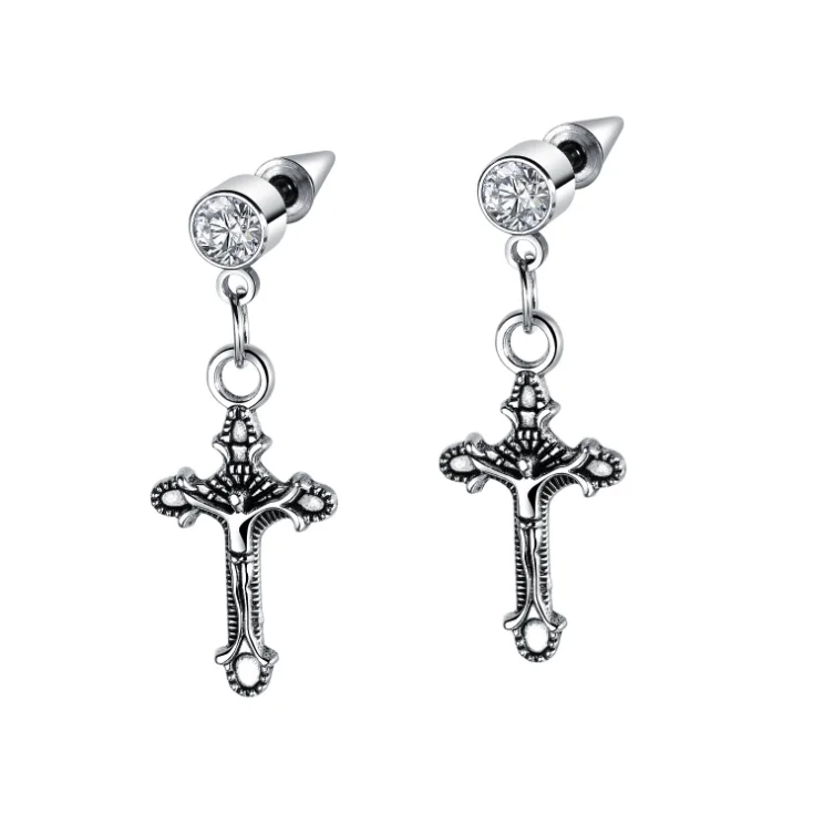 

Antique Metal Men's Earrings Jesus Cross Dangle Earrings with Cubic Zirconia