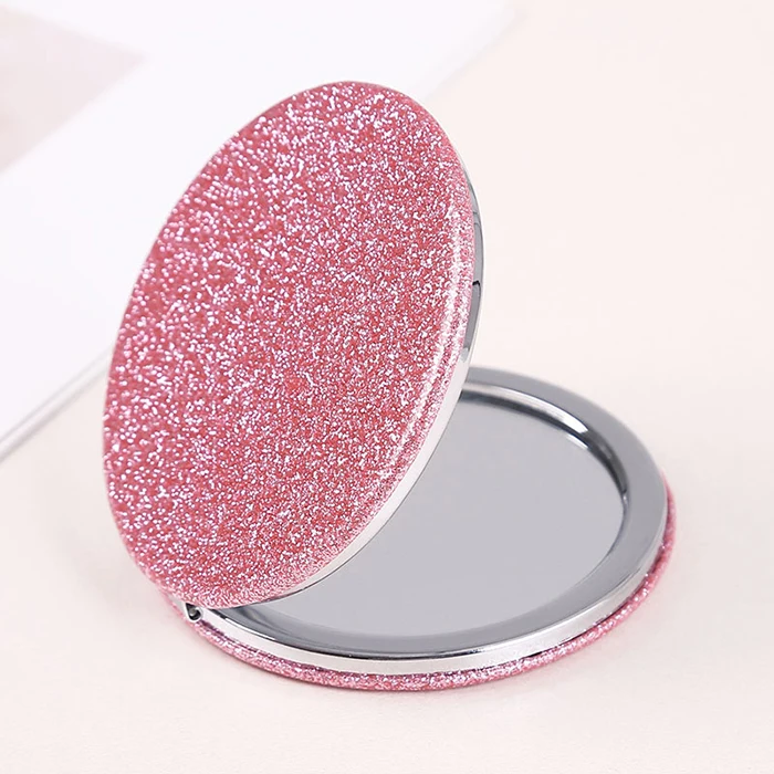 

Fashion Bling Gold Black Round 70mm Pu Leather Glitter Compact Mirror Travel Pocket Mirrors Hand Held Cosmetic Make Up Mirror