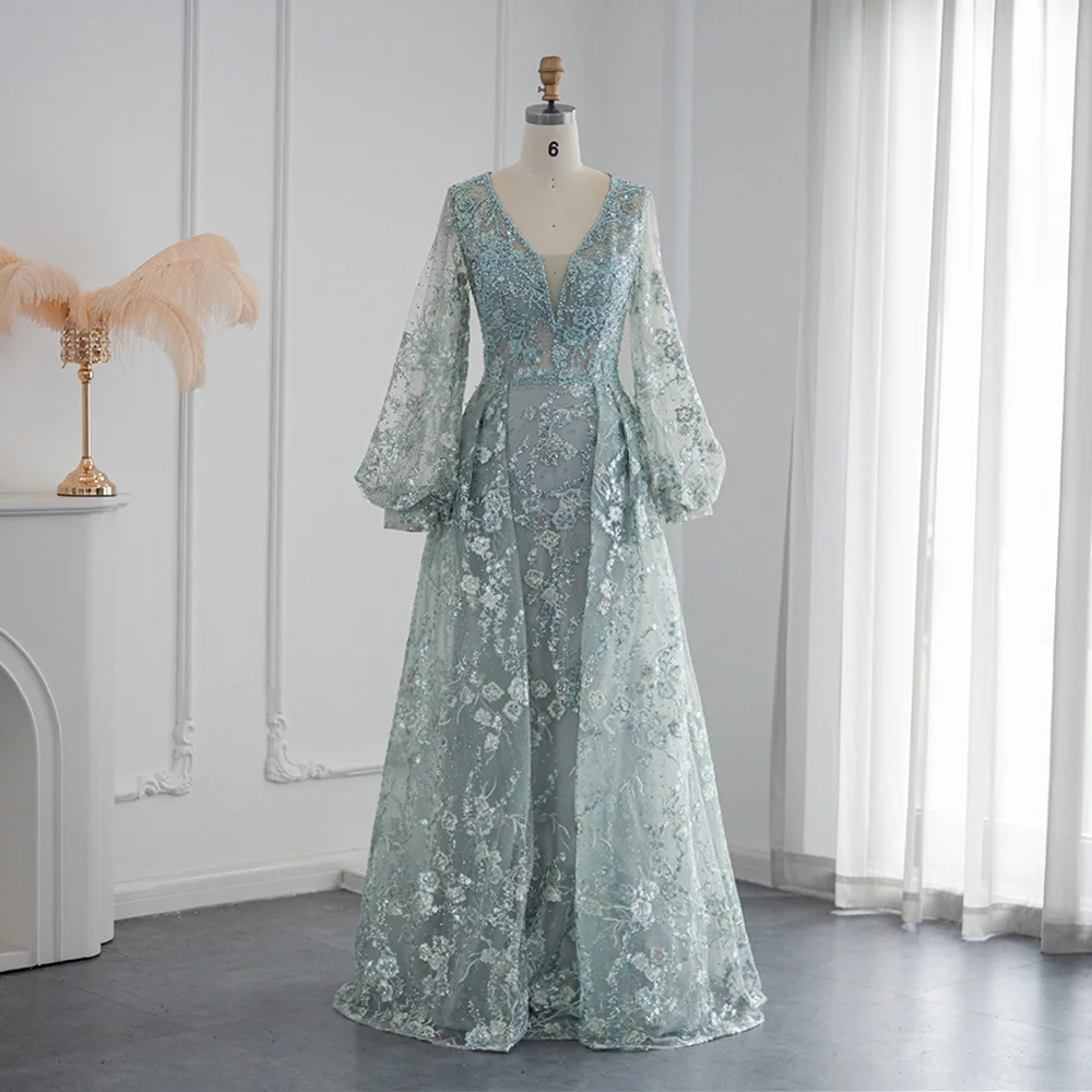 Luxury Crystal Mint Green Dubai Evening Dress For Women Wedding Party Elegant Gold Pink Muslim Formal Gowns Scz201