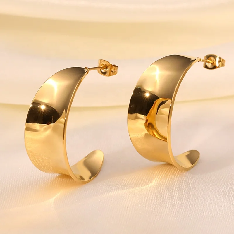 

Retro Modern Trendy18K Gold Plated Stainless Steel Concave Exaggerated Curved C Shape Hoop Earrings for Women