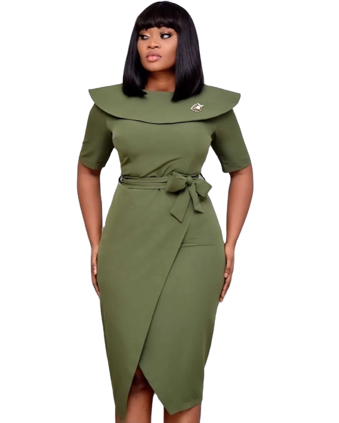 

New Last Design Casual Summer Short Sleeve Solid Color Professional Office Dress For Women, Shown