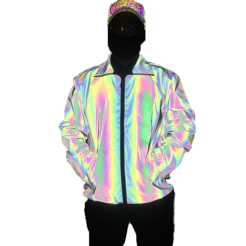 

Hi Vis Large Size Loose Light Weight Jackets Green Color Multicolor Rainbow Reflective Effects Soft Shell Wind Jacket