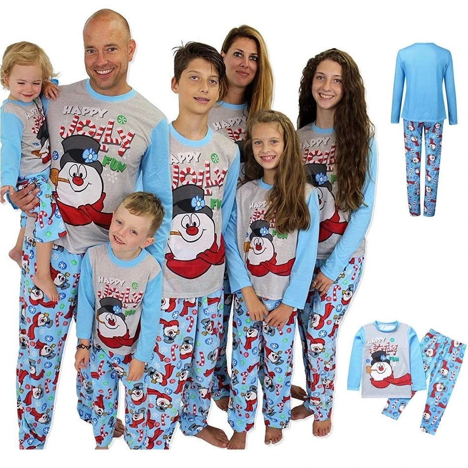 

Hot Sell Christmas Family Cartoon Print Sleepwear Tops+Pants Family Matching Clothes Snowman Pajamas Set