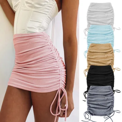 

Coldker Sexy slim bandage skirts women 2021 spring and summer women's knitted drawstring stretch pleated skirt, Shown