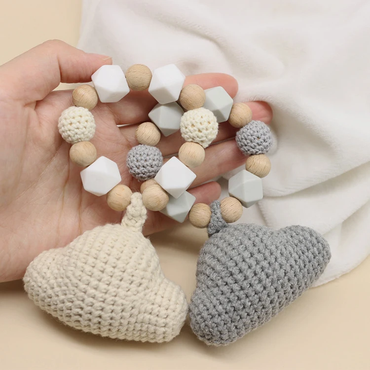 

2021 baby teether wooden crochet cloud customized silicone teether for babies