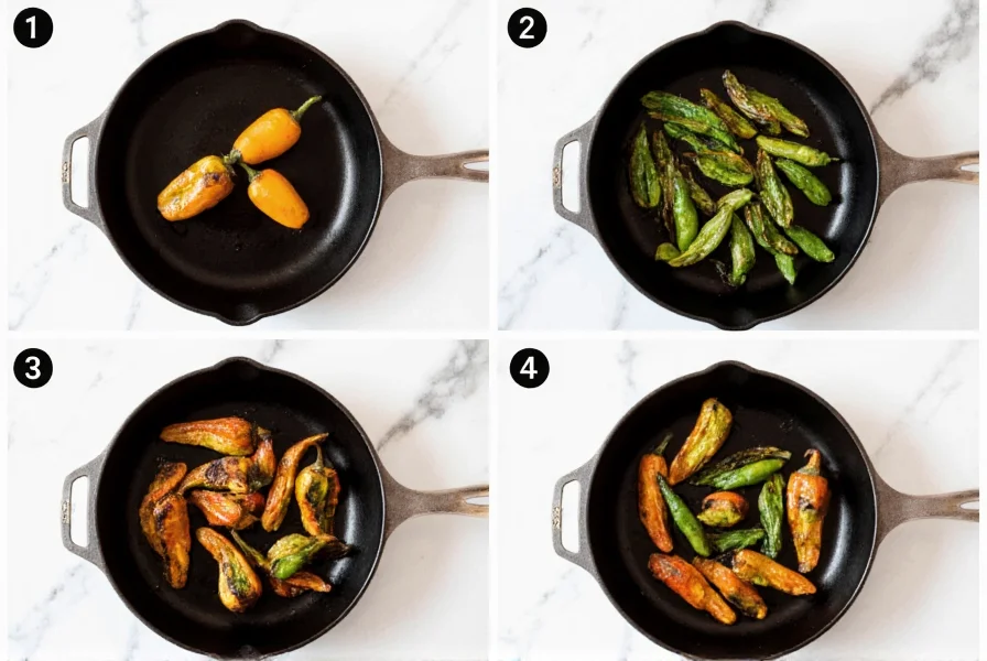 Step-by-step process of blistering shishito peppers in cast iron skillet