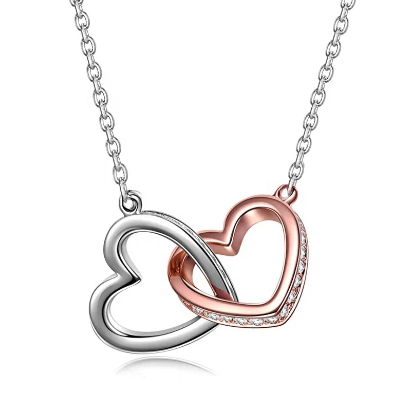 

S925 Silver Separation Necklace Double Heart Interlock Pendant Necklace Electroplated Diamond Women's Necklace, Platinum/rose gold