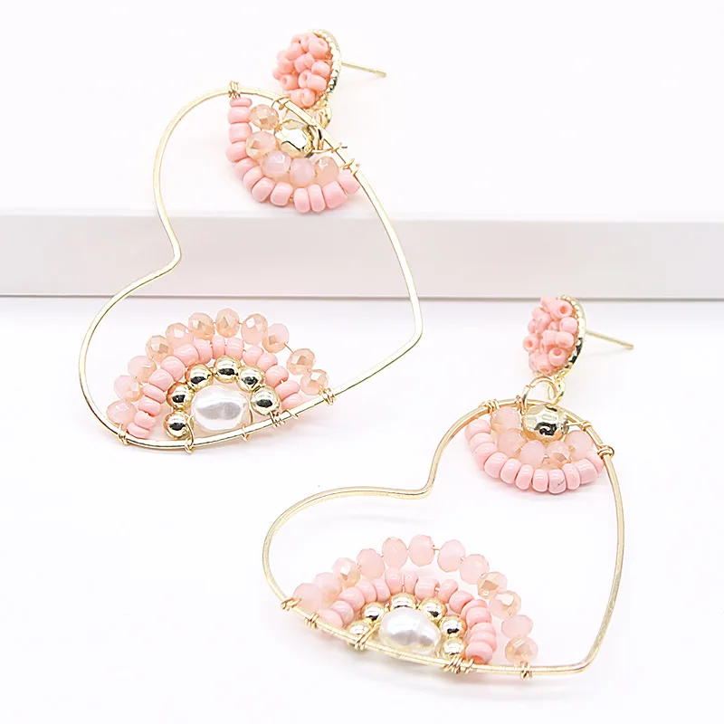 

Popular Bohemian Rice Beaded Imitation Pearl Earrings Gold-plated Geometric Multi-color Heart-shape Boho Earrings, Colorful