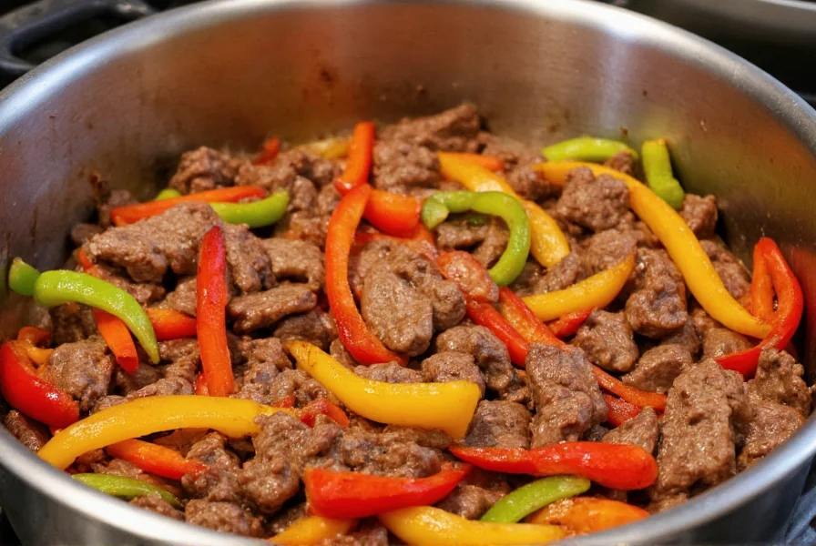 Close-up of sizzling instant pot pepper steak with colorful bell peppers and tender beef slices in stainless steel bowl