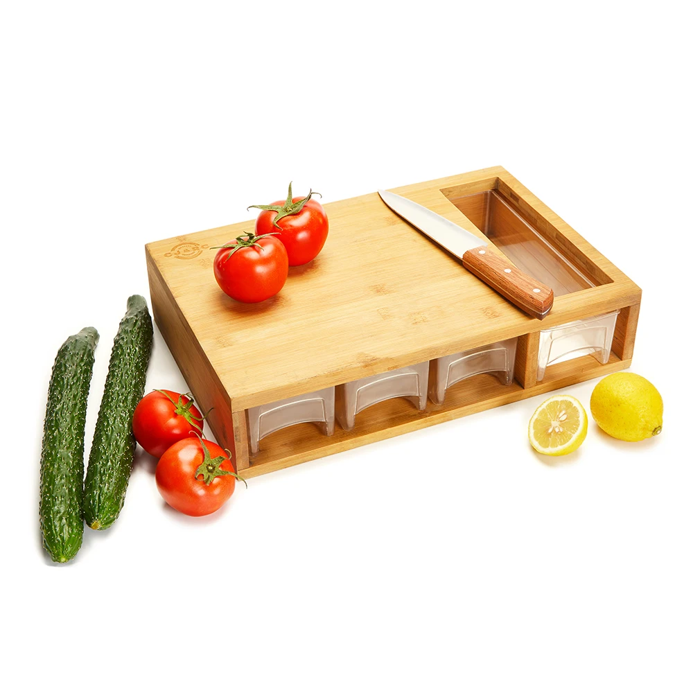 

Bamboo Kitchen chopping blocks with storage container Multi-functional Large Bamboo Cutting Chopping Board with tray, Natural