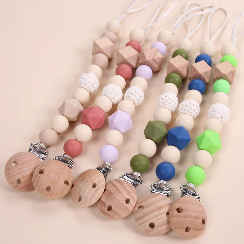 

Pacifier Chain Silicone Teething Beads Baby Leather Chain Wooden Dummy Clip Holder Case Silicon Pacifier Holder Clip