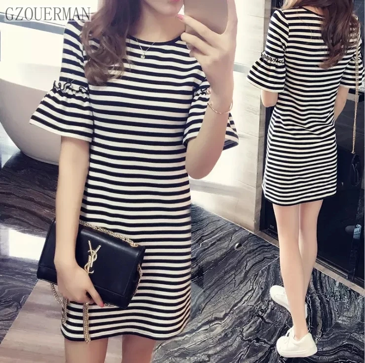 

2020 Wholesale Women Girls Fashion Sexy Short Sleeve O-neck Striped A-line Summer Casual Shorts Dress