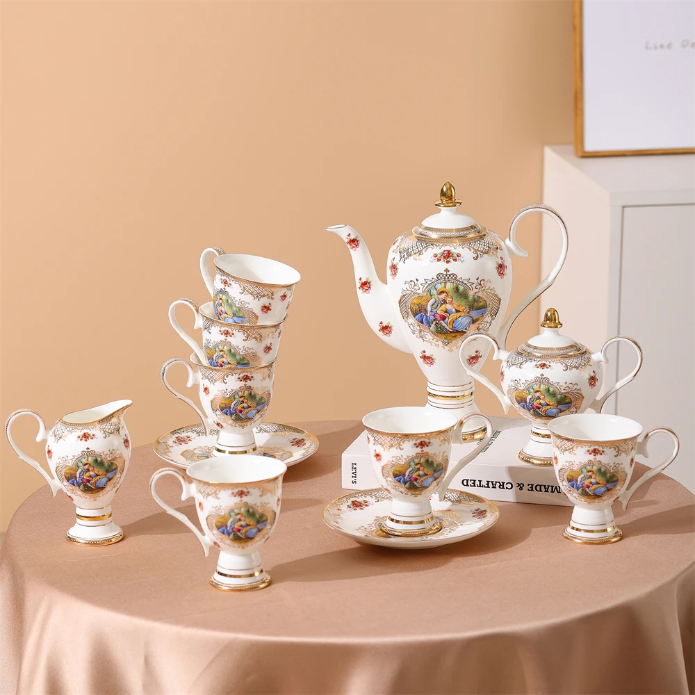 

JIABAIEN 15pcs Tea Set Classical Decal Cup Saucer Sugar Pot Milk JugTea Pot Royal Style Bone China Coffee & Tea Set