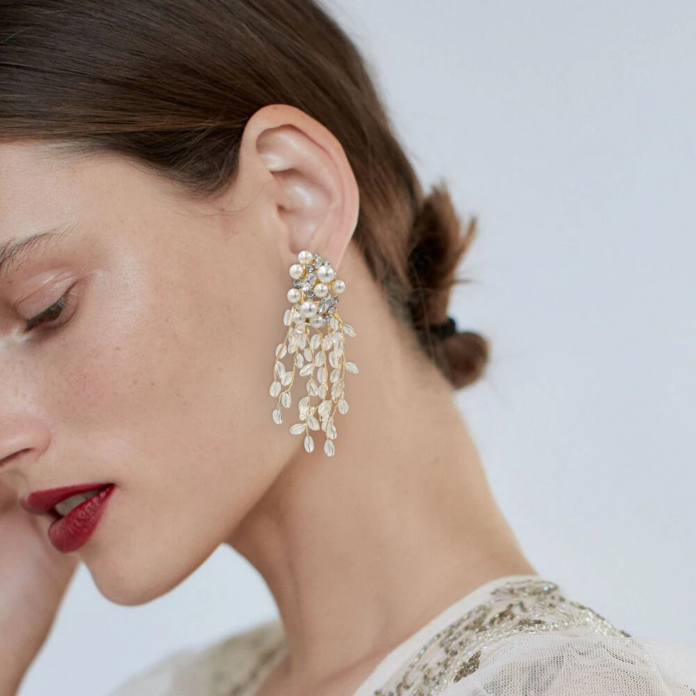 

Vershal Vintage Resin Imitation Pearl Crystal Drop Earrings For Women, As picture