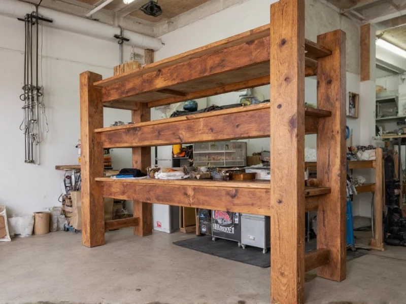 Reclaimed wood storage rack in garage workshop