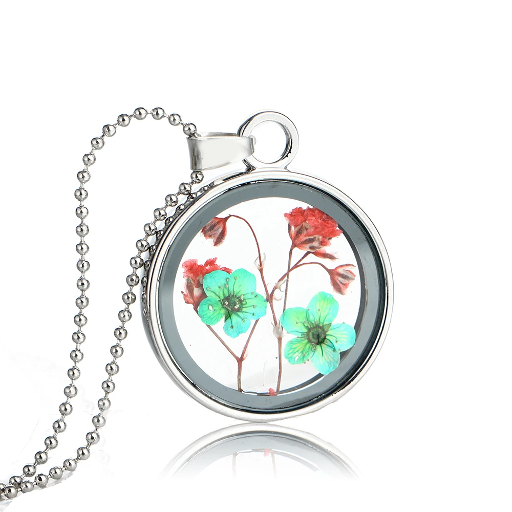 

Novel Glass Floating Red Sky Star Peacock Green Dried Flower Pendant Necklace Jewelry