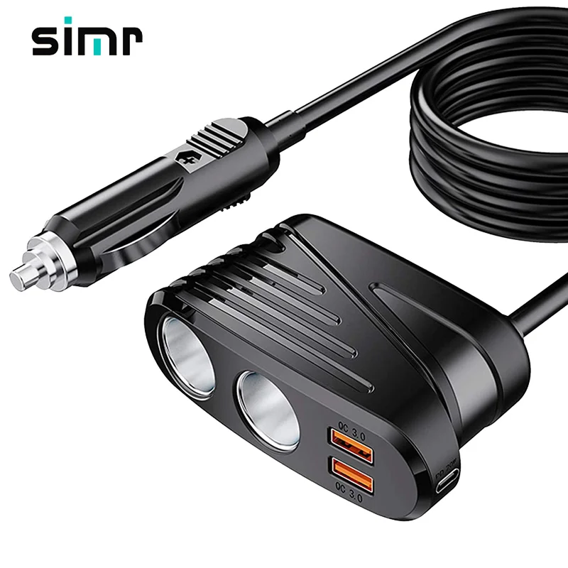 

simr 5 Multi Ports 2 Sockets Cigarette Lighter Splitter Car Charger Adapter 2 USB QC3.0 Type-C PD20W Car Charger, Black