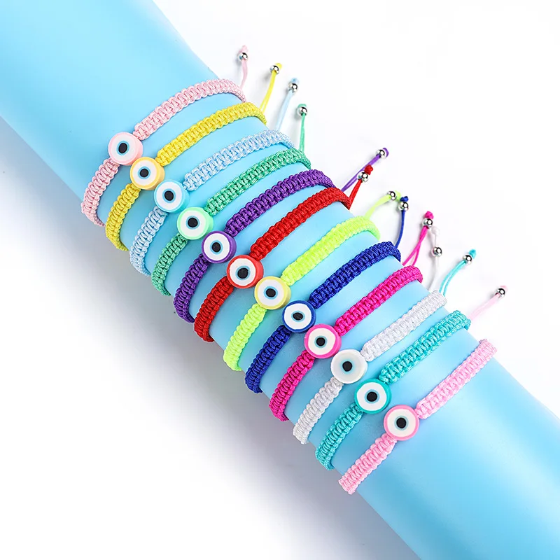 

12 Pcs Rainbow Evil Eye Bracelet Handmade Woven Rope String Charms Boho Jewelry Polymer Clay Bracelets for Women Kids