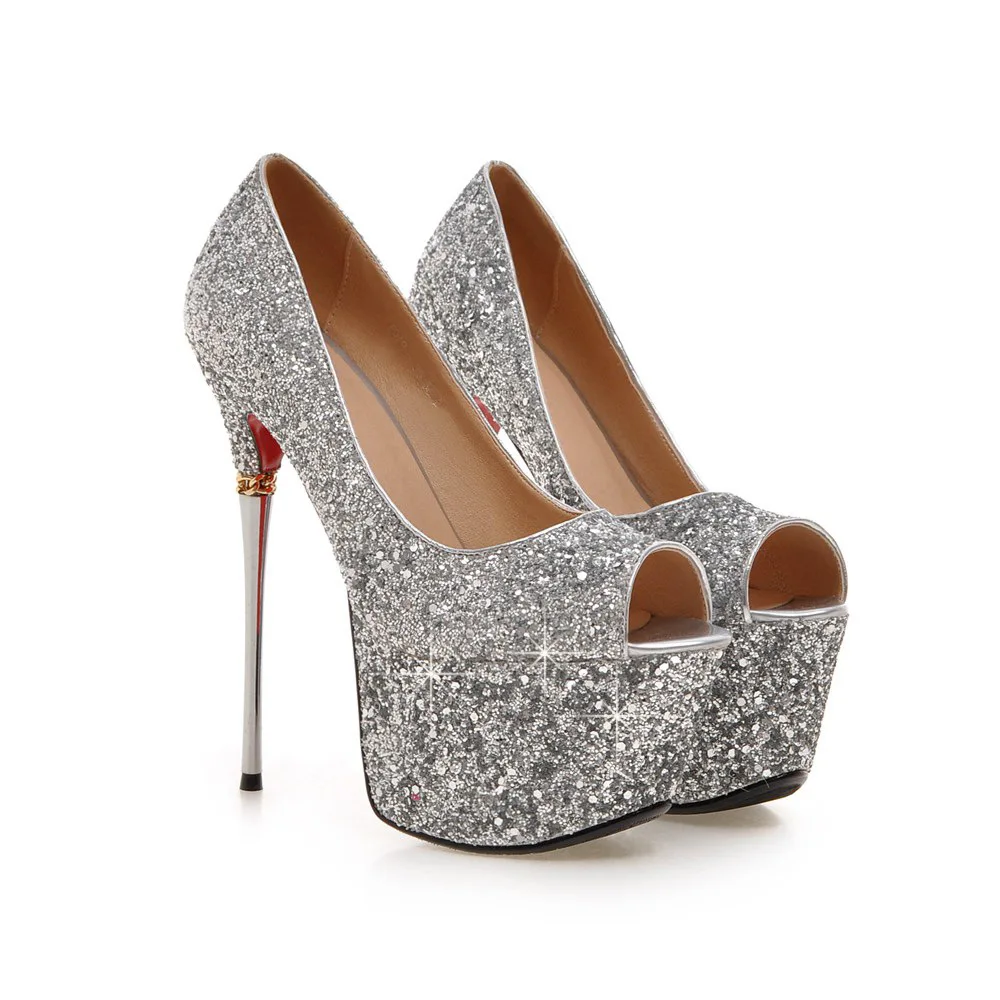 

Sexy and spicy sequined high heels fish mouth waterproof platform stiletto super high heel lace-up women's shoes