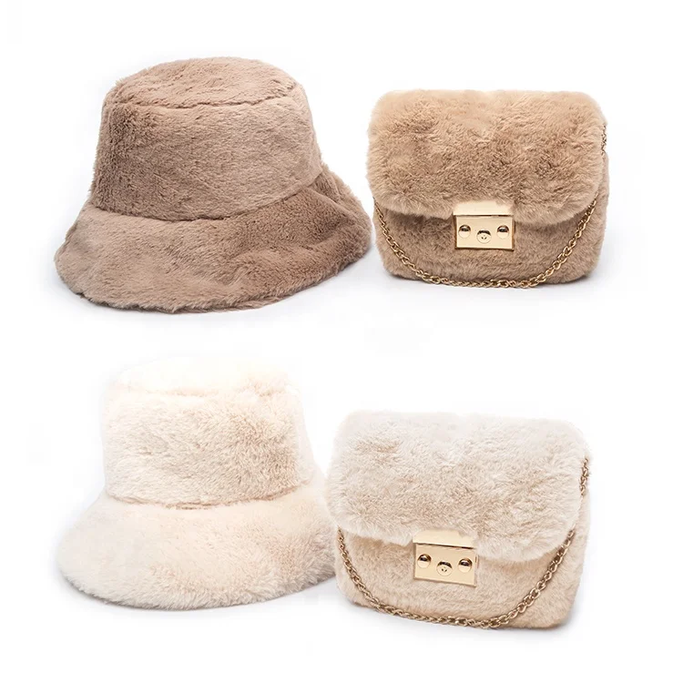 

Matching Fur Bag And Hat Sets Women Handbags Ladies Bags Terry Bucket Hat Custom Logo Sling Handbags, Picture