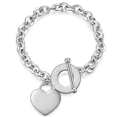 

2021 New Exquisite Stainless Steel Link Chain Bracelet OT Buckle Heart Shape Pendant Bracelet for Women, Gold silver