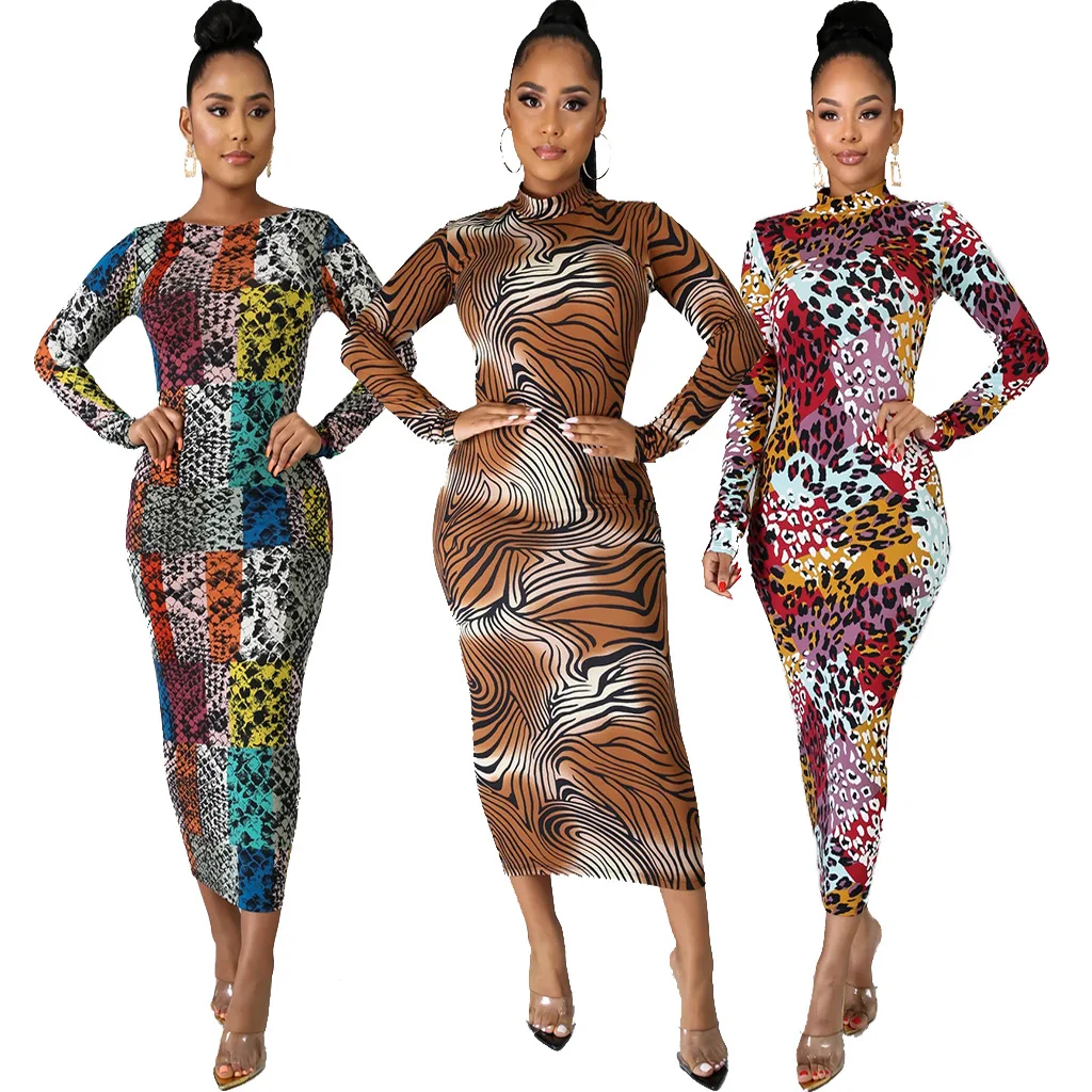 

SMR10443 New arrivals 2021 fall clothing fashion printing bodycon dress women long dress for women long sleeve womens dresses