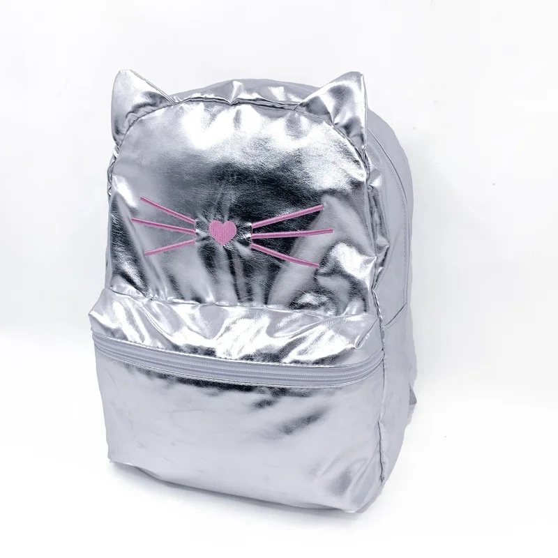 

In Stock Fashion Gerrit Pu Leather Backpack For Women Cat Face Embroidery Glitter Material School Backpack, Silver
