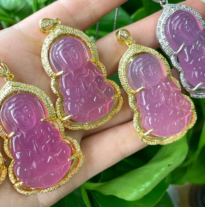 

Charming Crystal Pink Buddha Necklace Chinese Natural Stone Real Jade Big Buddha Pendant For Women Necklace Jewelry