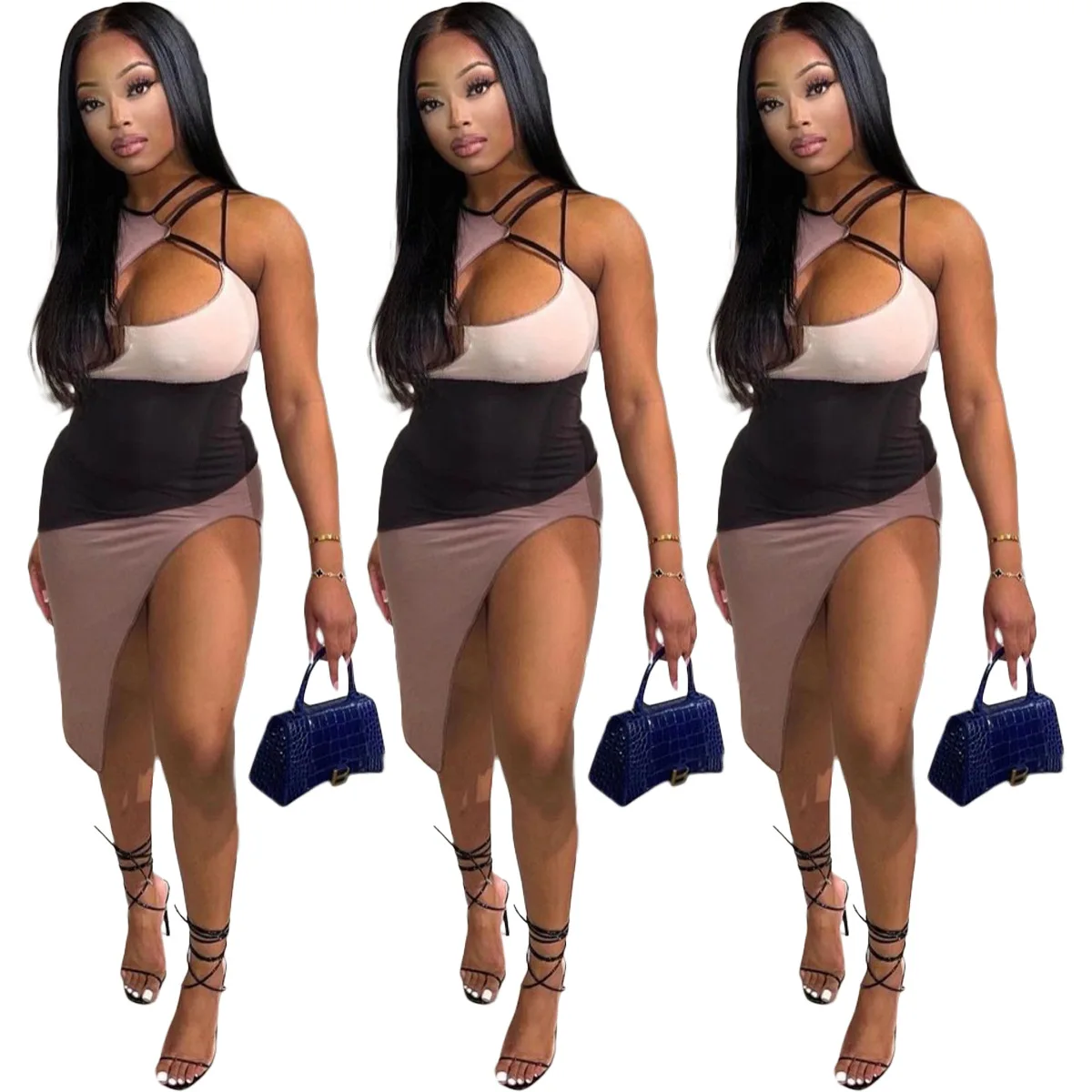 

Summer wholesale bodycon contrast color hollow sling split plus size party dress, Picture show