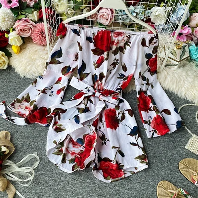 

2020 Summer Women Fashion Floral Printed Trumpet Sleeve Short Jumpsuits