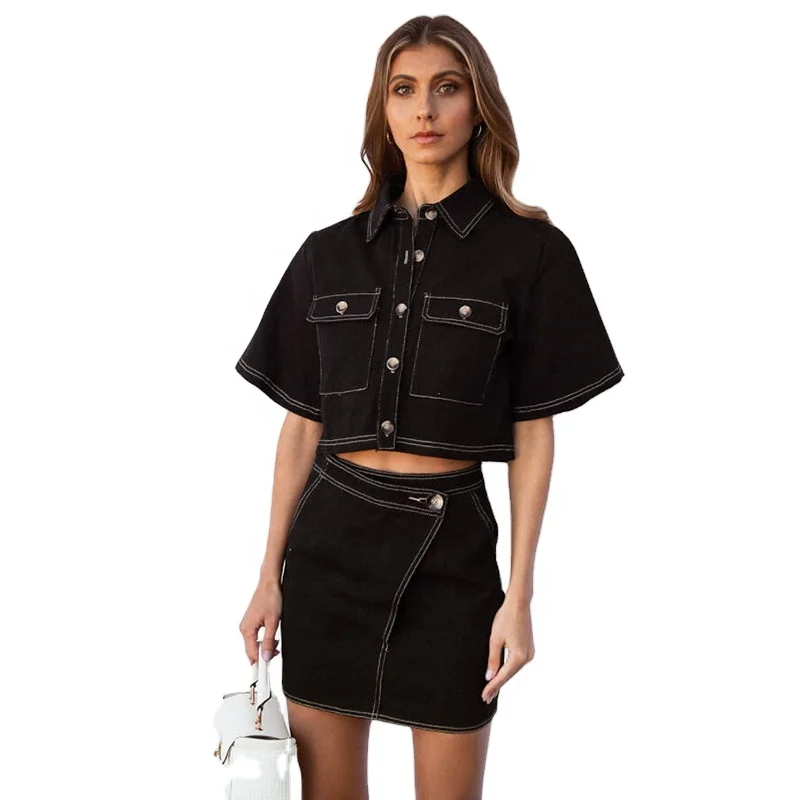 

New Women Two Piece Sets Denim Short Sleeve Crop Top With Mini Skirt Fashion Summer, Black or custom