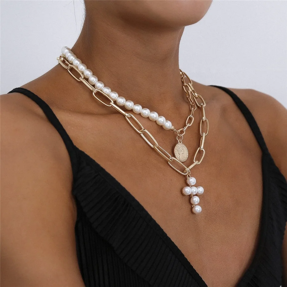 

2pcs Baroque Pearl Pendant Necklace Women Layered Cross Bead Carved Coin Necklace Christian Couple Coin Pearl Choker Necklace