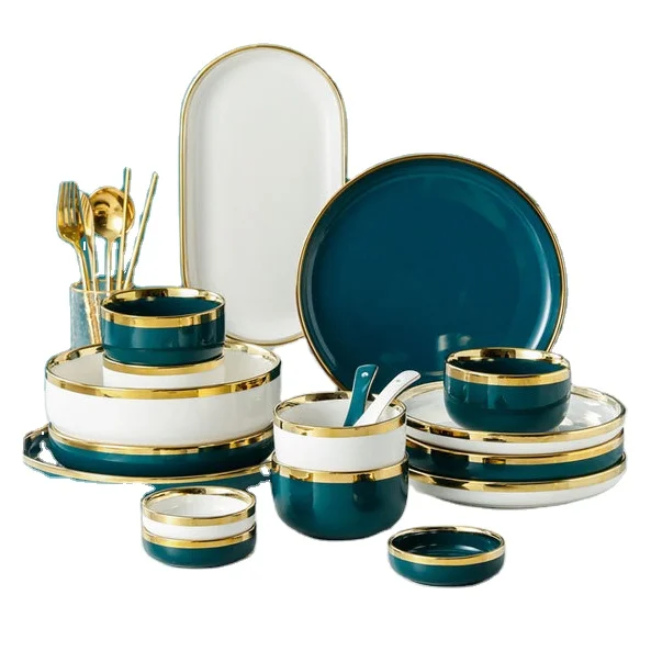 

ZC Nordic INS creative luxury peacock green household porcelain tableware set ceramic plate dinnerware sets