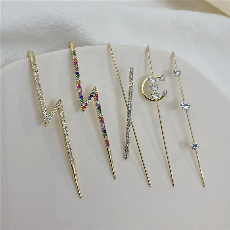 

Women Surround Auricle Diagonal Stud Earrings CZ Ear Wrap Climbers Earrings Zircon Lighting Piercing Ear Cuff, As pictures