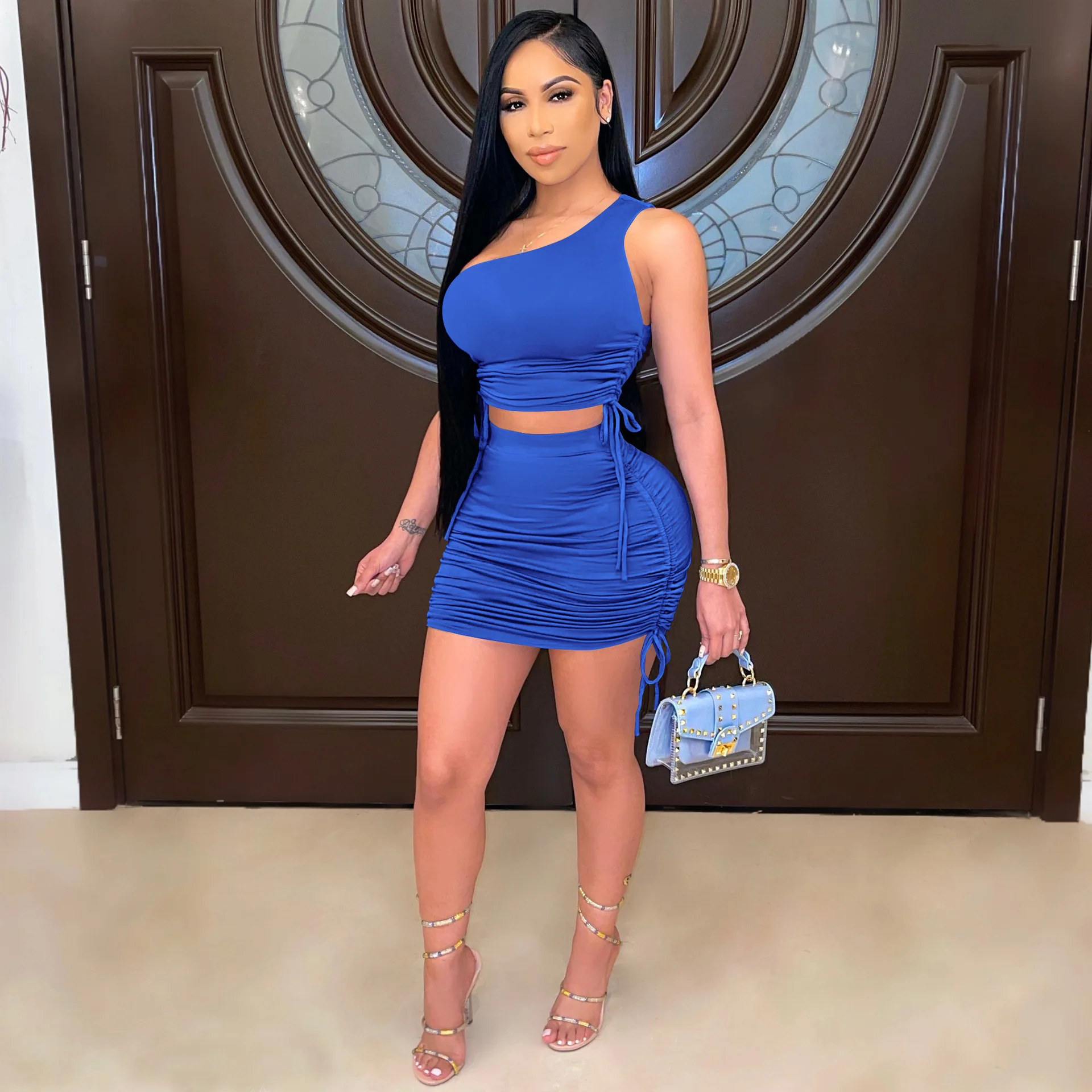 

Free Shipping R05235 - Skirt And Top Fashion One Shoulder Solid Sleeveless 2 Piece Set Women