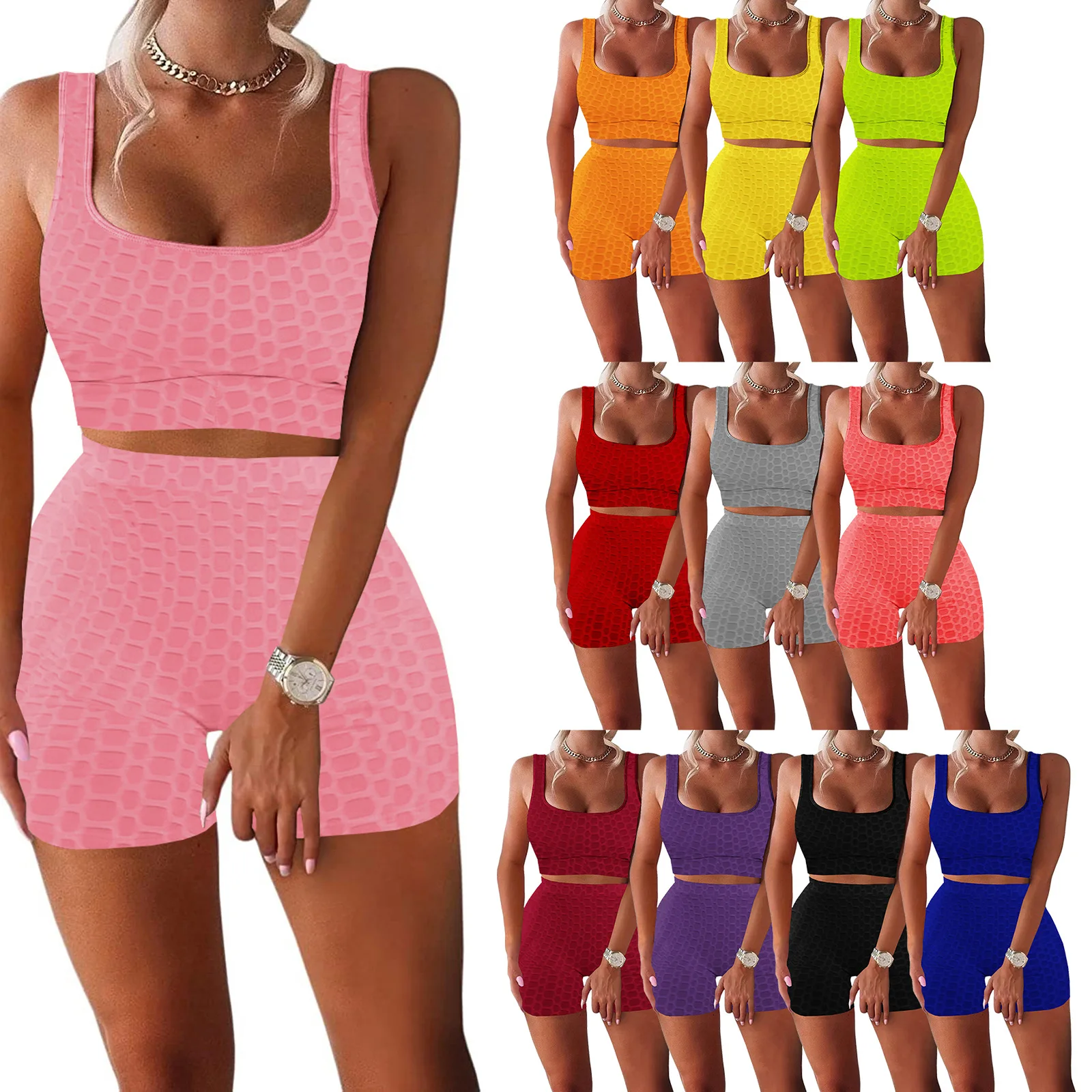 

New arrivals women breathable summer fitness 2-piece sportswear casual suit fitness women's solid color two piece set, Customized color/as show