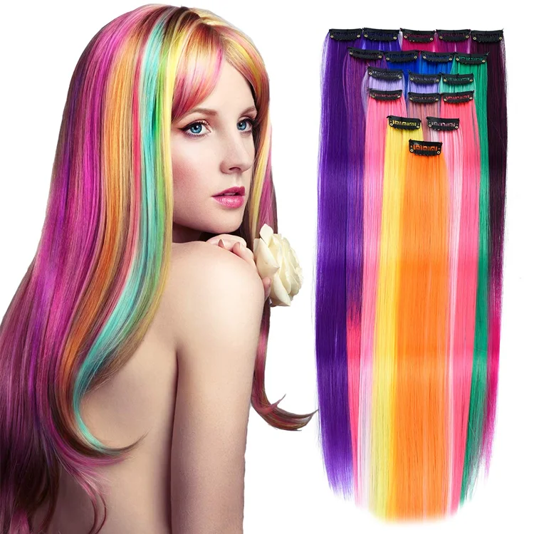 

Clip in Hair Extensions Colorful Straight Hair Extensions for Women and Kids Multi Colors Party Highlights Streak Synthetic Hair