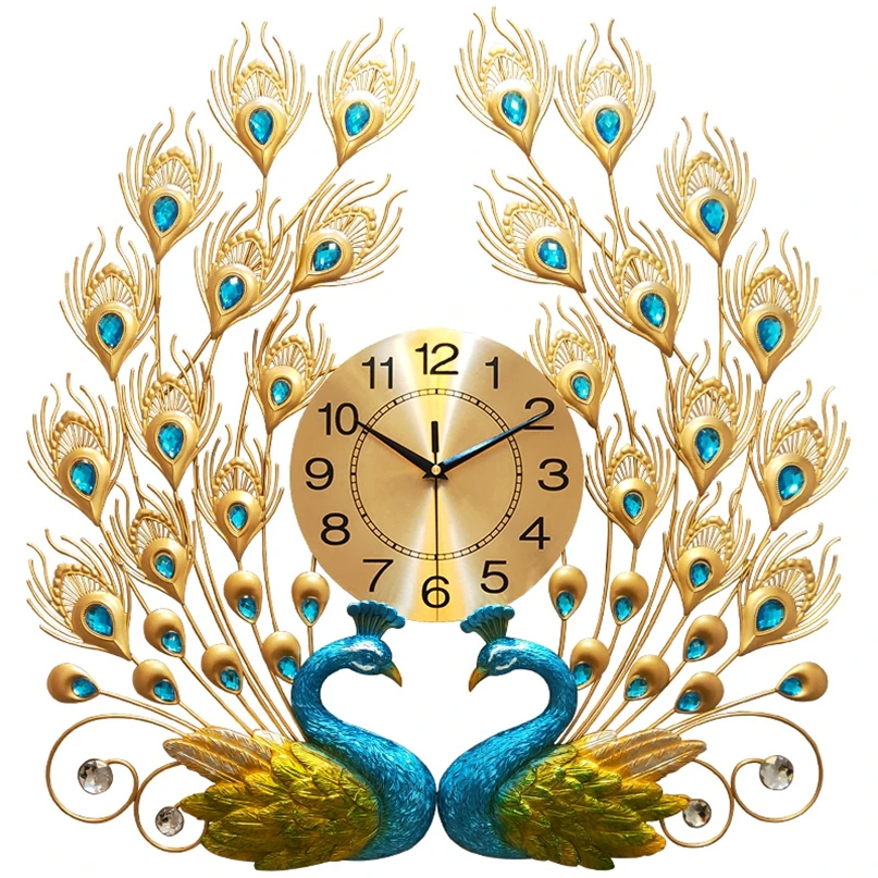 

High Quality Peacock Tail Crystal Gold Metal Classic Home Decorating Big Wall Clock, Green