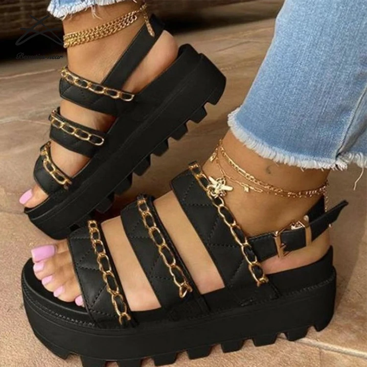 

2021 new women's sandals strap fashion women thick sole casual summer chain shoes strap ladies women sandal, White,black,red,khaki