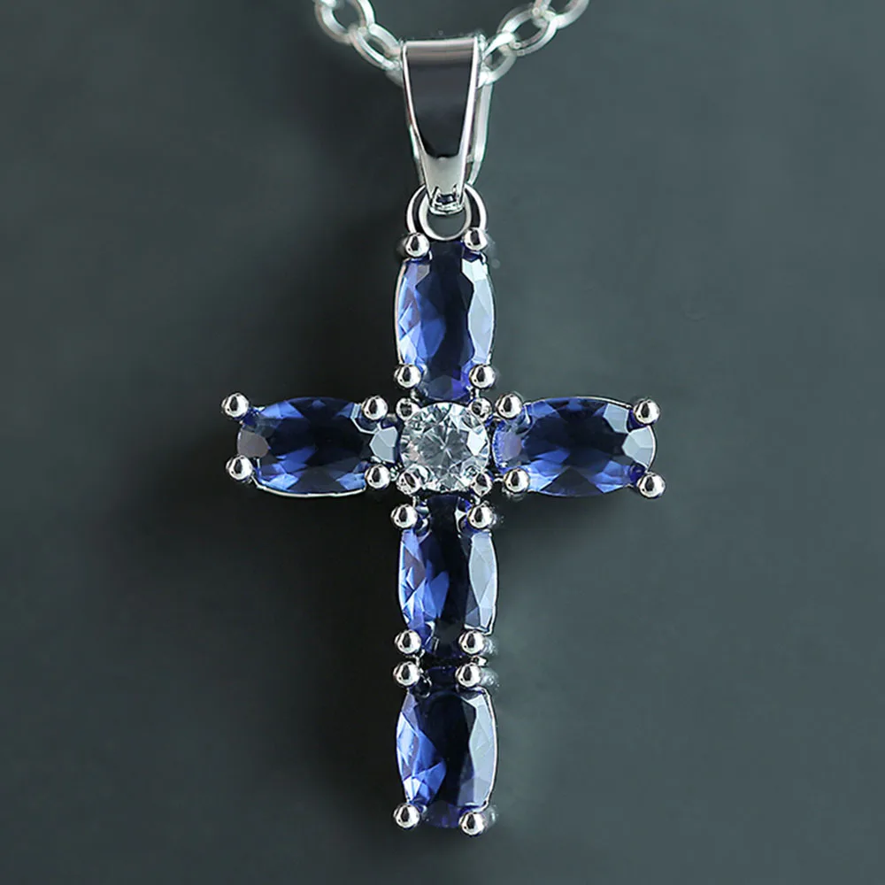 

Huitan Delicate Pendent Necklace Daily Fashion Oval Royal Blue Zircon Neckalces Cross Silver Necklace Women