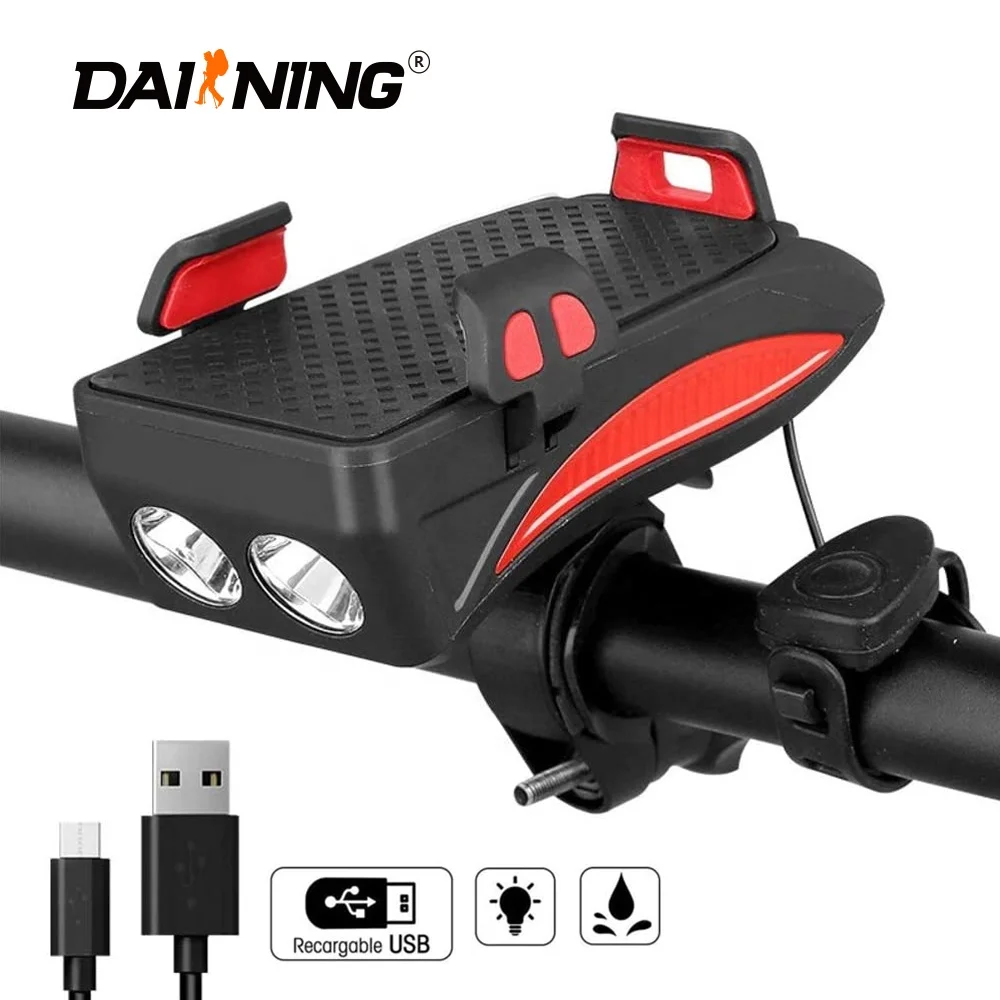 

Amazon 4 IN 1 Remote Control Horn Strong Sound Outdoor Bike Waterproof USB Charging Phone Holder Powerful LED Bike Light, Red+black