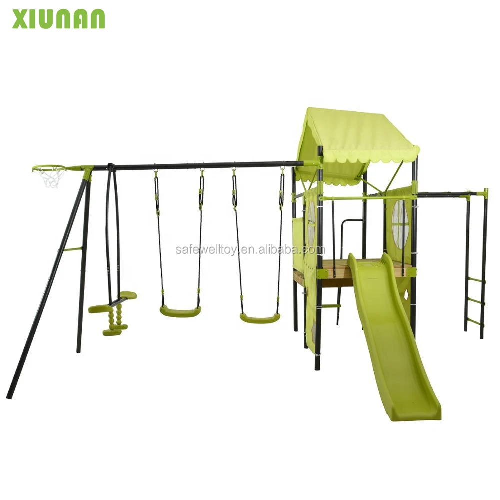 
Outdoor Children Metal Playground Climbing frame kids Swing set With Plastic Slide and wooden 